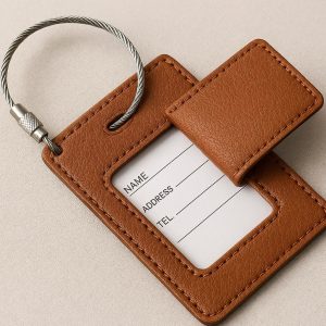 Leather Luggage Tag with Stainless Steel Strap and Privacy Cover