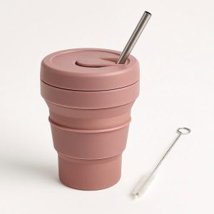 Collapsible Coffee Cup with Reusable Stainless Steel Straw and Cleaning Brush
